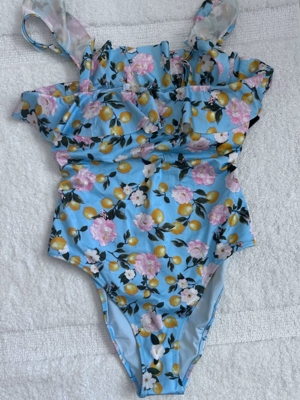 Victoria’s Secret One Piece Swimsuit M Blue Floral Lemon Ruffle
